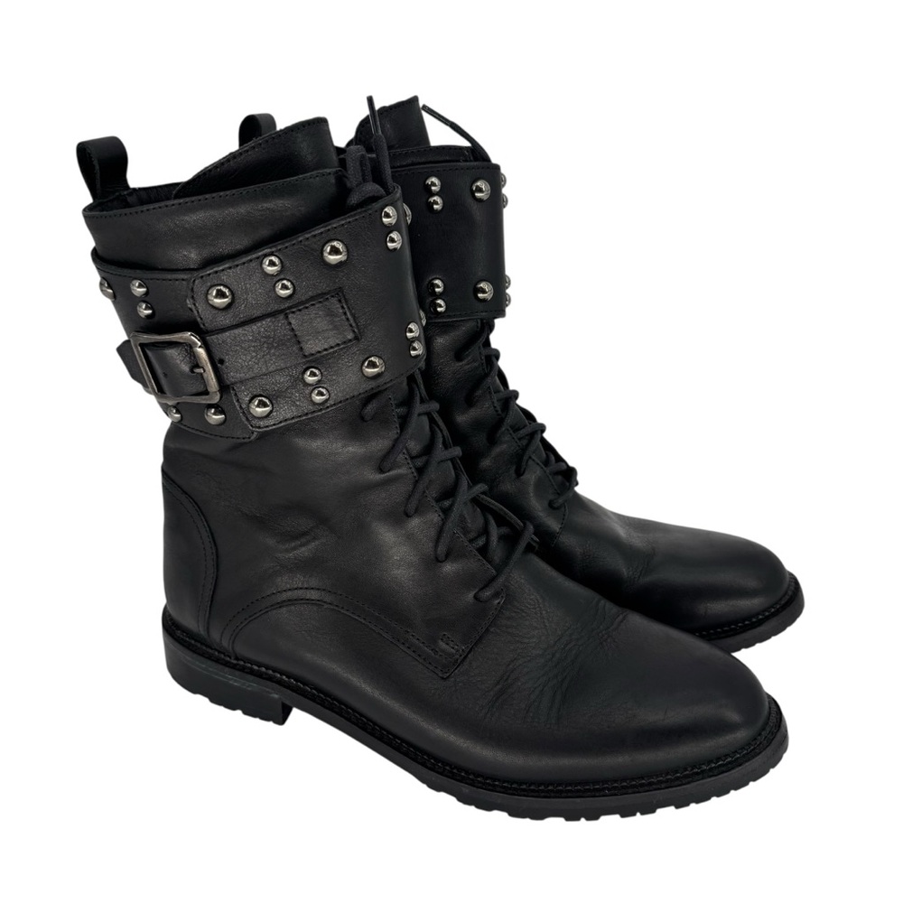Fabianelli Studded Combat Black‎ Leather Lace Up Midcalf Emo Moto Boots 8